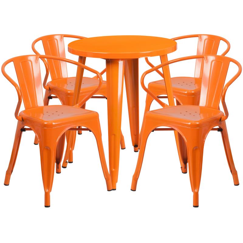 Flash Furniture Chauncey 24" Round Orange Metal Indoor-Outdoor Table Set with 4 Arm Chairs