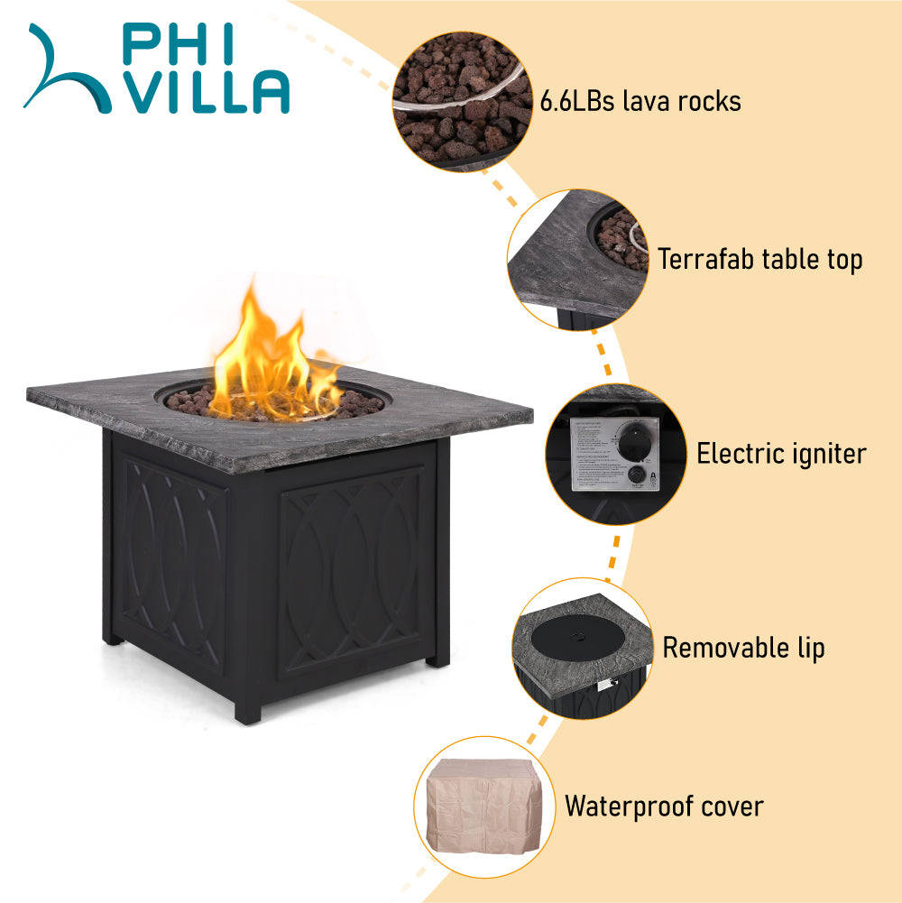 Phi Villa 5-Piece Outdoor Fire Pit Set with 32-inch Stone Texture TerraFab Square Table and Steel Swivel Chairs