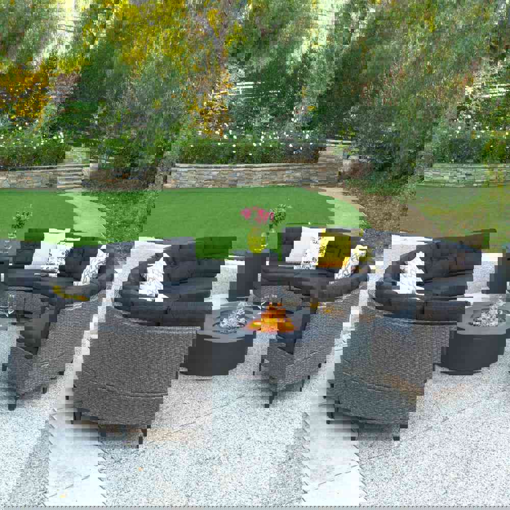 Nessett 10pc Outdoor Fire Pit Sectional Sofa Set with Gas Fire Table