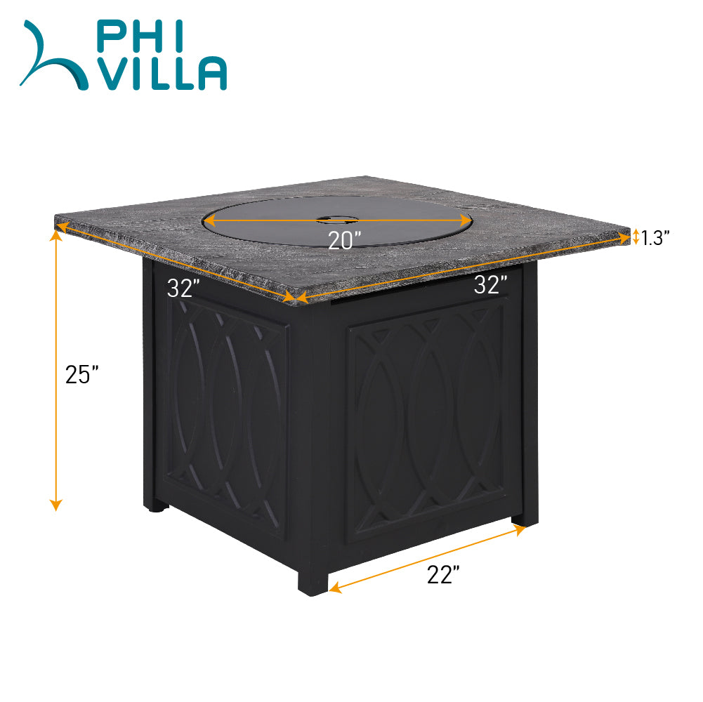 Phi Villa 5-Piece Outdoor Fire Pit Set with 32-inch Stone Texture TerraFab Square Table and Steel Swivel Chairs