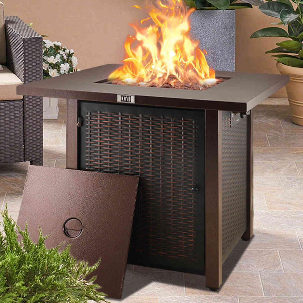 SEGMART 28-Inch 40,000 BTU Outdoor Propane Fire Pit Table with Lid and Lava Rocks, Bronze