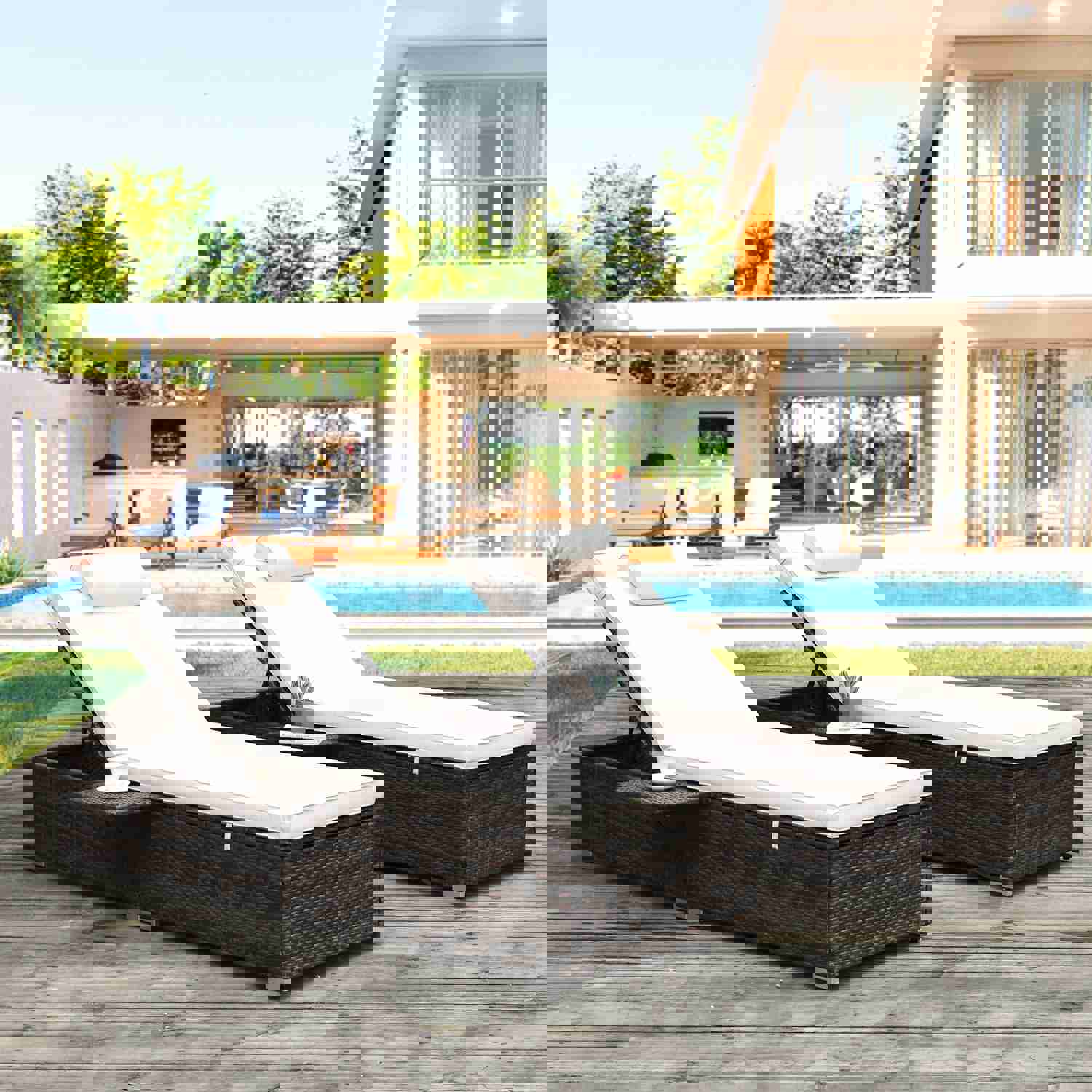 Outdoor PE Wicker Chaise Lounge - 2 Piece Patio Lounge Chair Set with Side Table