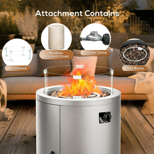 KISSAIR 20 Circular Fire Pit Table with Tempered Glass Wind Guard and Lava Rocks, 50000BTU, Grey