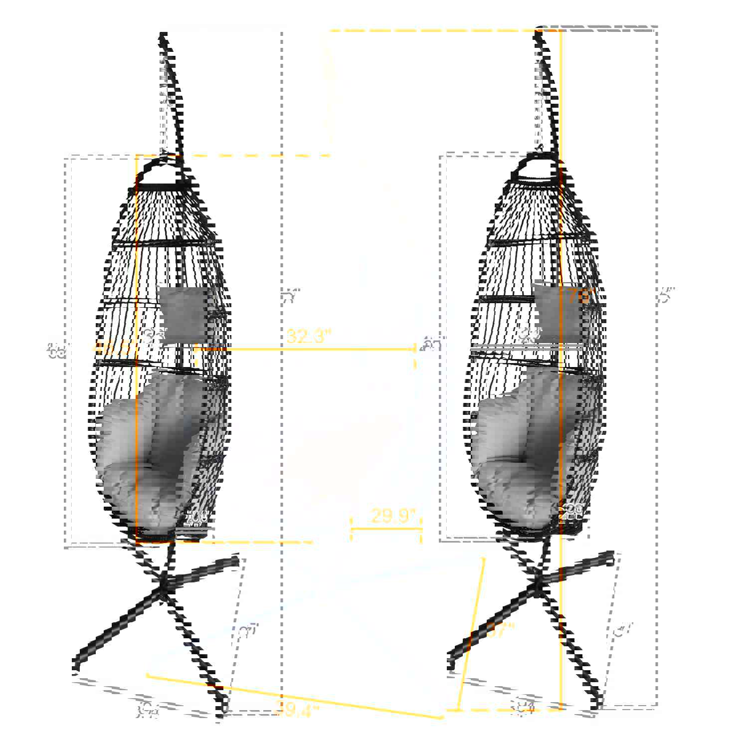 Large Folding Hanging Egg Chair with Stand for Outdoor Patio, Grey Cushion, 330LBS Capacity
