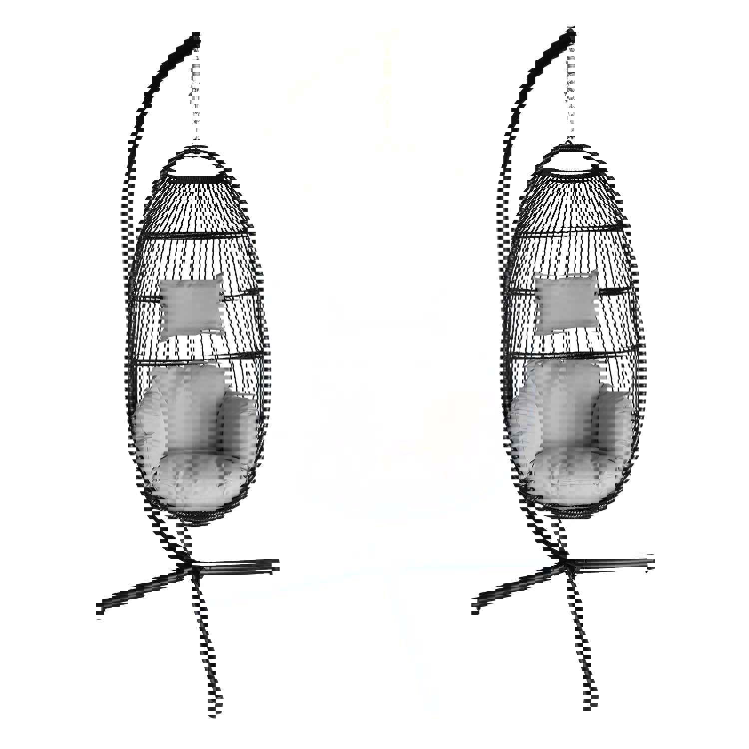 Large Folding Hanging Egg Chair with Stand for Outdoor Patio, Grey Cushion, 330LBS Capacity