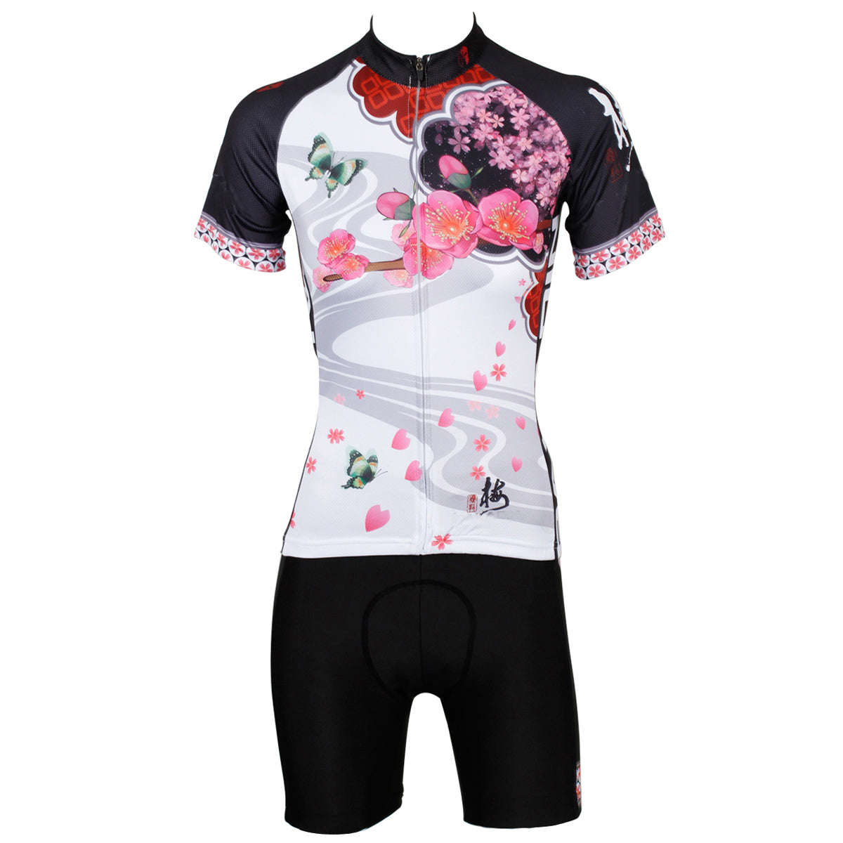 ILPALADINO Women's Long Sleeve Red Flower Cycling T-Shirt with Tights - Activewear for Outdoor Sports