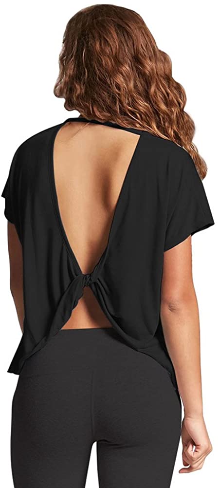 Mippo Open Back Workout Tops for Women - Stylish Short Sleeve Gym Shirts