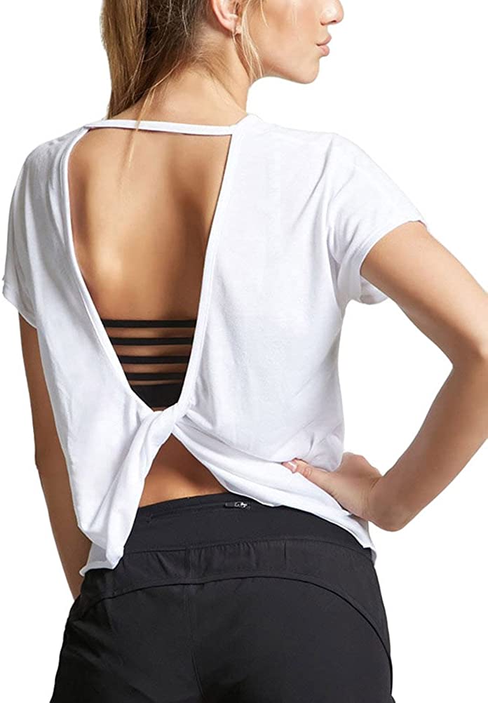 Mippo Open Back Workout Tops for Women - Stylish Short Sleeve Gym Shirts