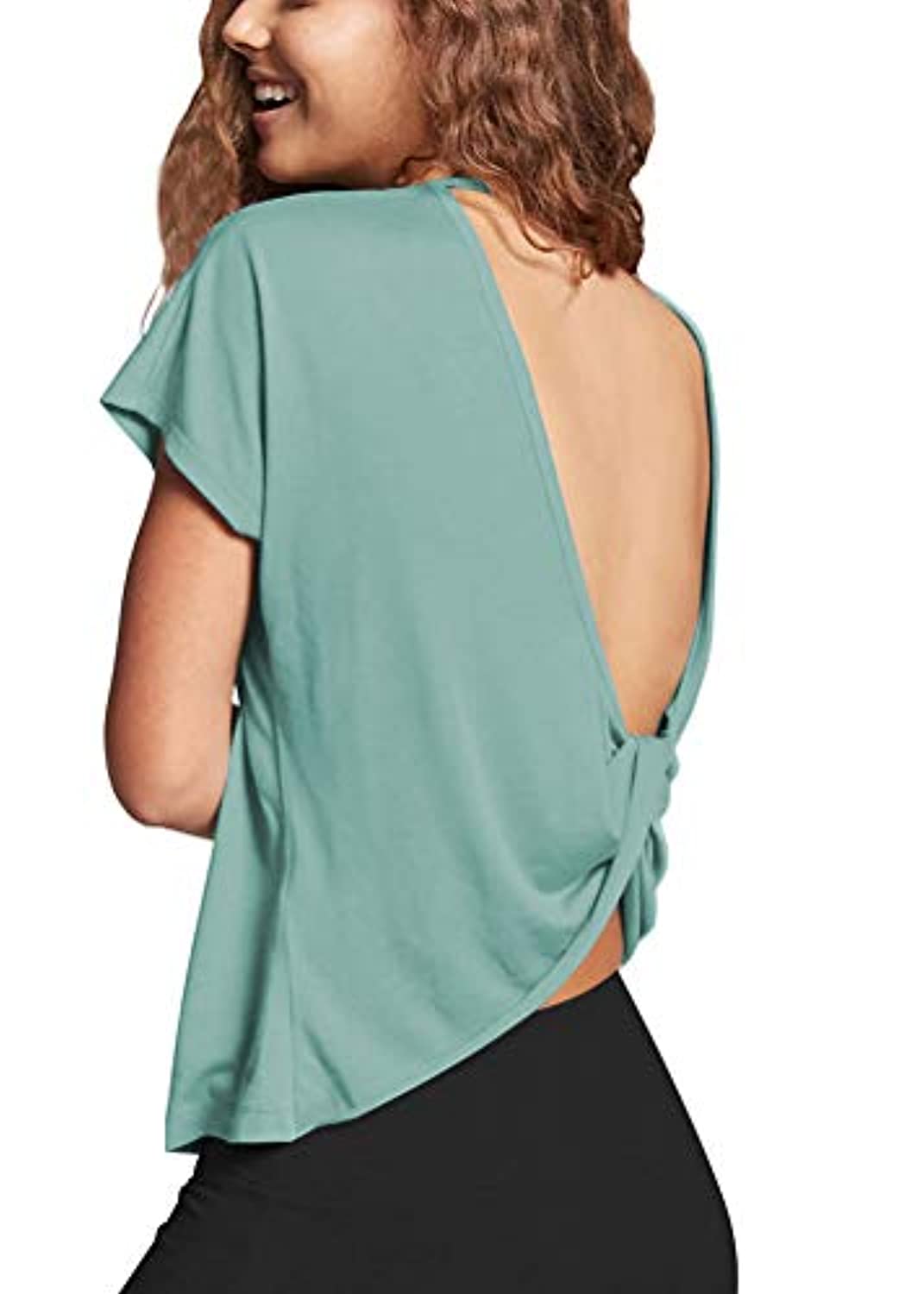 Mippo Open Back Workout Tops for Women - Stylish Short Sleeve Gym Shirts