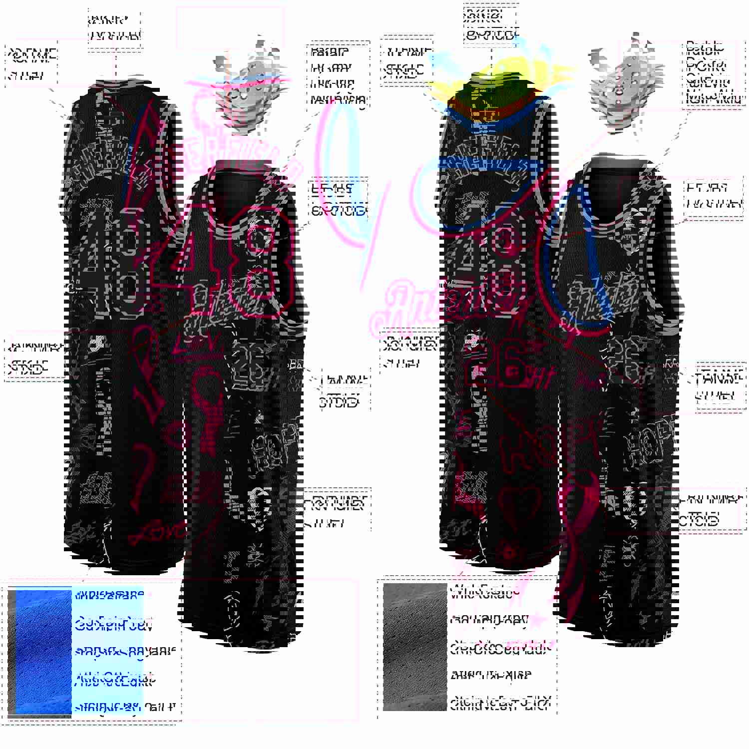Custom Black Pink-Light Blue 3D Pattern Design Pink Ribbon Breast Cancer Awareness Basketball Jersey