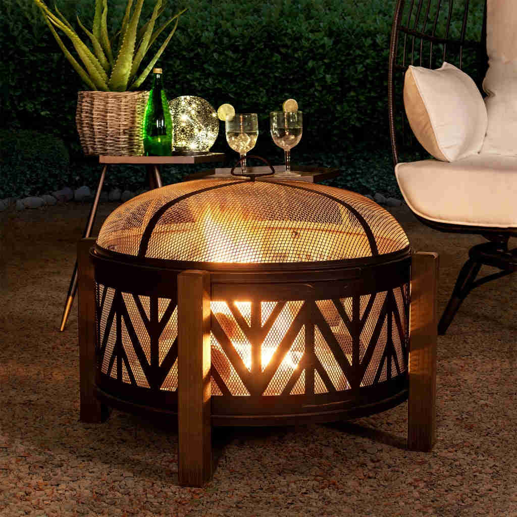 Sunjoy 31 in. Outdoor Fire Pit - Black Steel Wood Burning Fire Pit with Spark Screen and Fire Poker