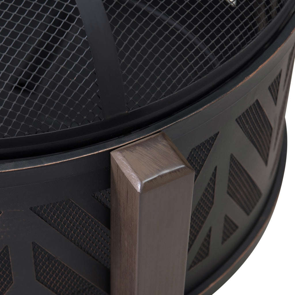 Sunjoy 31 in. Outdoor Fire Pit - Black Steel Wood Burning Fire Pit with Spark Screen and Fire Poker