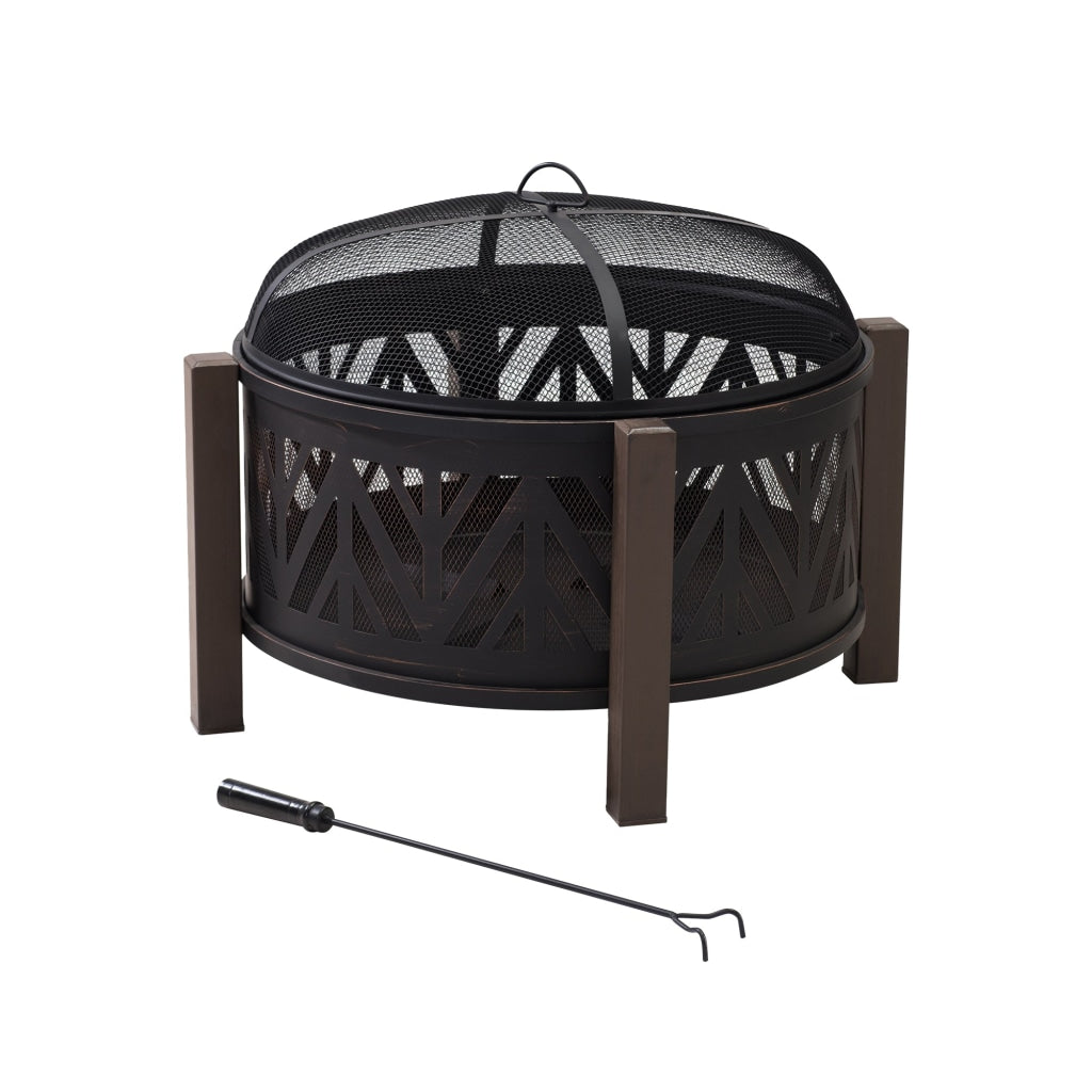 Sunjoy 31 in. Outdoor Fire Pit - Black Steel Wood Burning Fire Pit with Spark Screen and Fire Poker