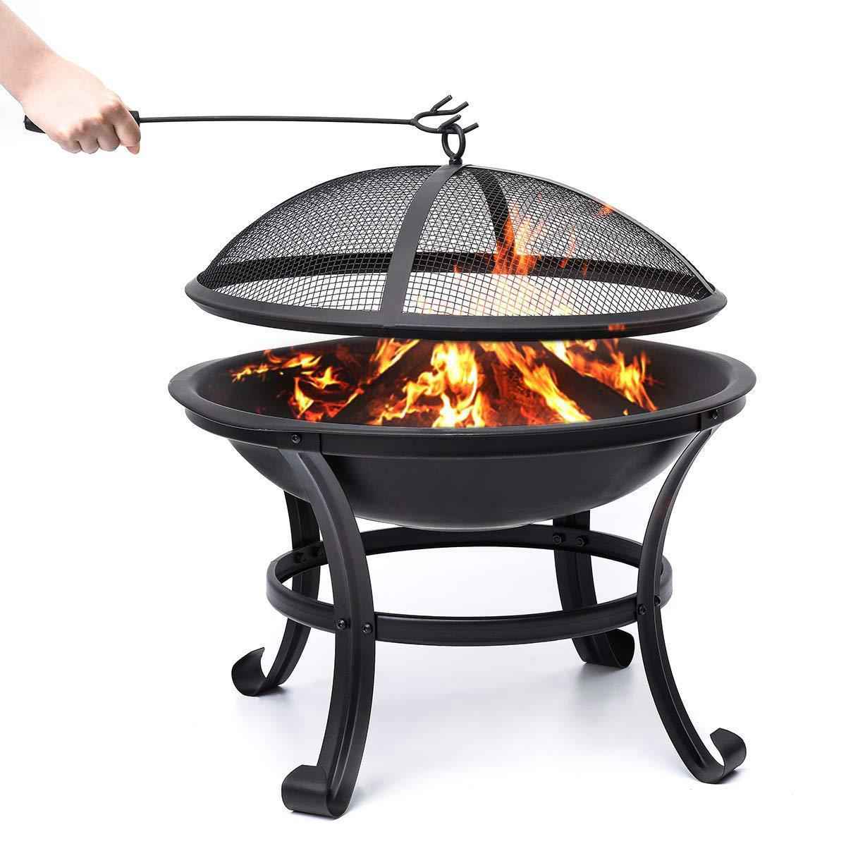 KingSo Outdoor Fire Pit 22 - Steel BBQ Grill with Mesh Screen Cover, Log Grate & Poker