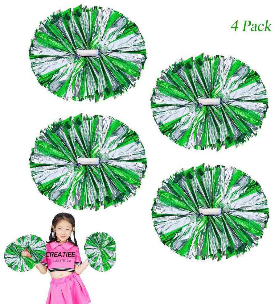 4Pcs Metallic Cheerleading Pom Poms for Kids - Green & Silver